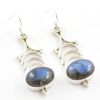 Ethnic design pure silver blue fire labradorite dangle earrings